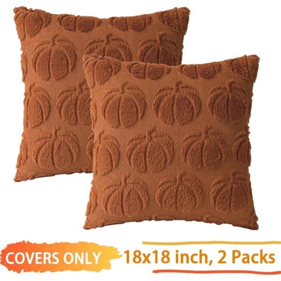 Pumpkin Fall Decorative Throw Pillow Covers 18"x18", Set of 2 Rust Red - Picture 3 of 7